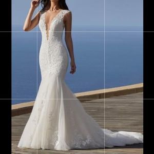 EUC Pronovias Criss mermaid plunging neckline wedding gown with train & bustle
